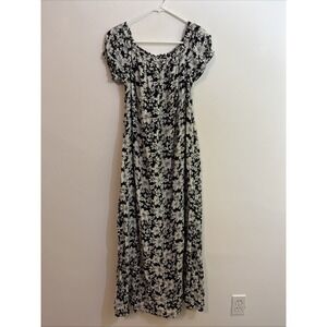 Loft S Maxi Dress Floral Black Gold White Sparkle Stretch Short Sleeves Flowy